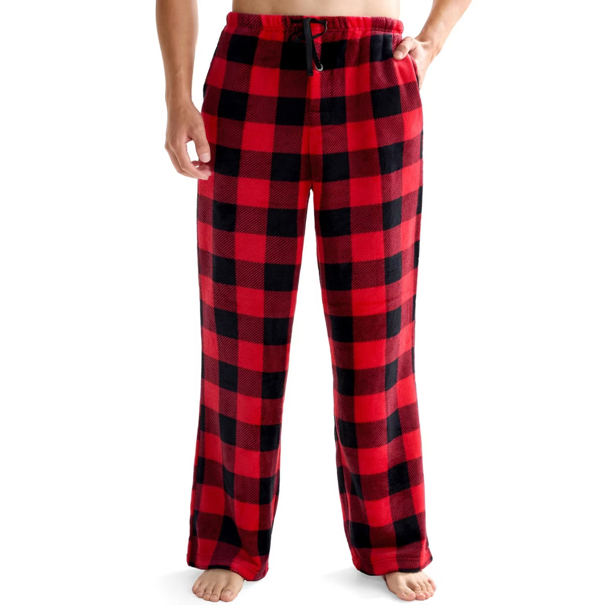 Joyfy Pajama Pants for Men Sleep Bottoms Soft Flannel Fleece Pajama Bottoms with Pockets Drawstring S/M/L/XL/XXL/3XL Sleep Lounge Black Red Plaid