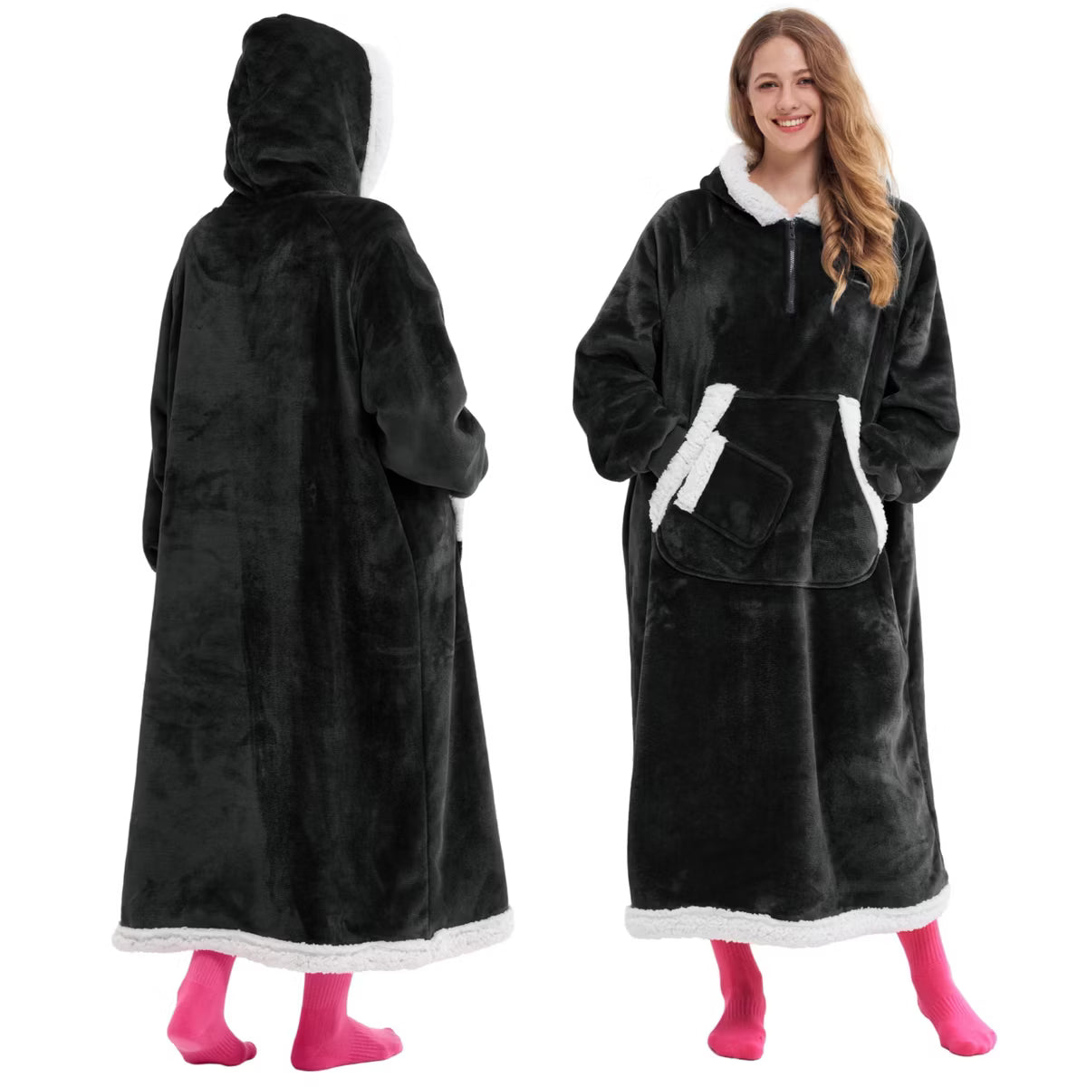 Joyfy Long Wearable Blanket Hoodie for Women Teen Girls Birthday Christmas Gifts Mom Wife, Flannel Fleece Hooded Robe with Pocket & Sleeves Black
