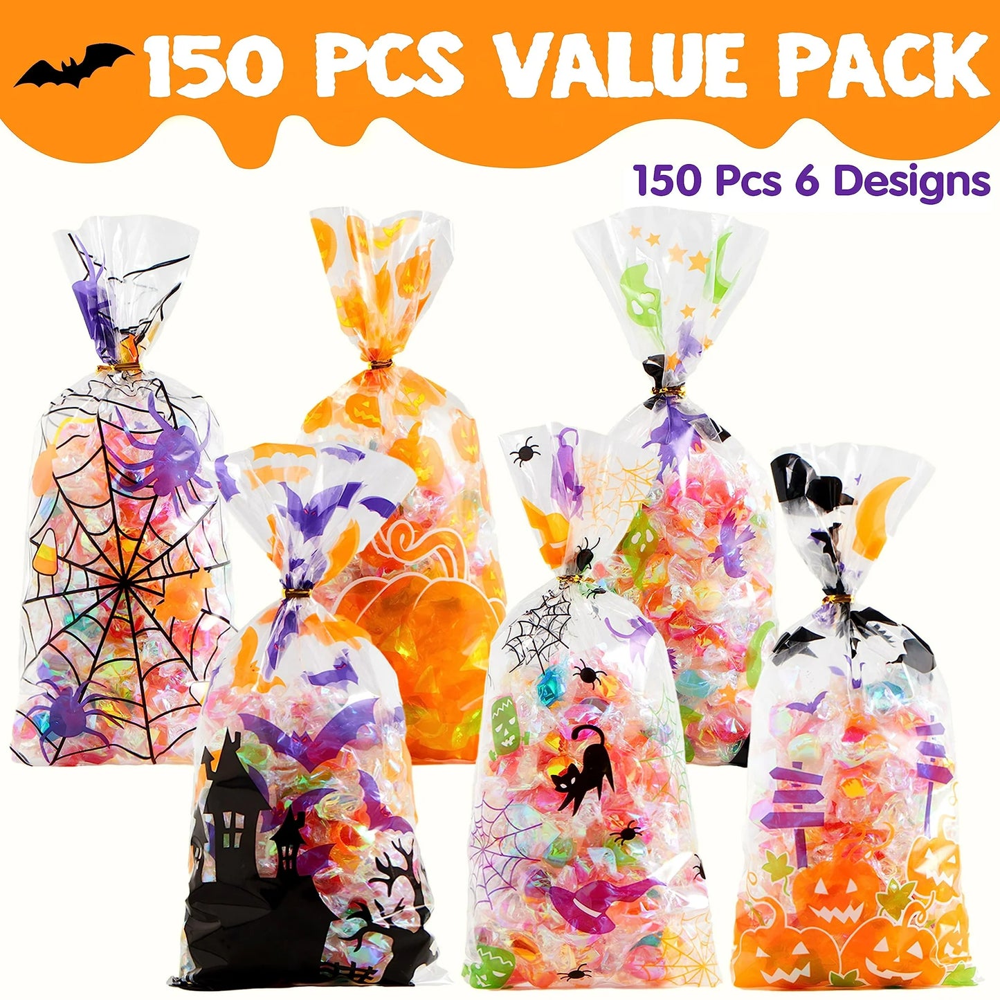 SYNCFUN 150 Pcs Halloween Treat Bags Clear Cellophane Bags with Twist Ties,Goodie Bags for Snack Cookie Candy,Halloween Gift Trick or Treat Bags,Halloween Party Supplies