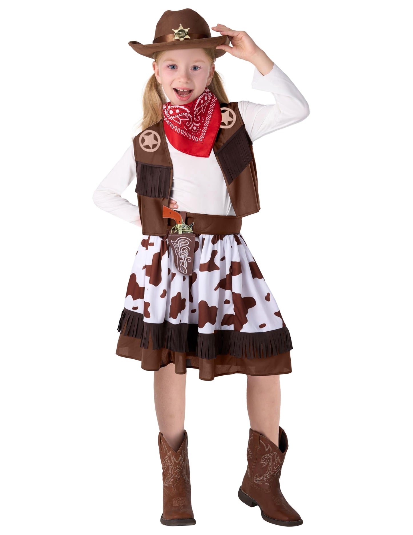 Joyfy Halloween Cowgirl Costume for Girls, Kids Cowboy Costume Set, Brown Western Style Cowgirl Outfit with Hat Bandana for Toddler Dress up Party Cosplay 3 8 years