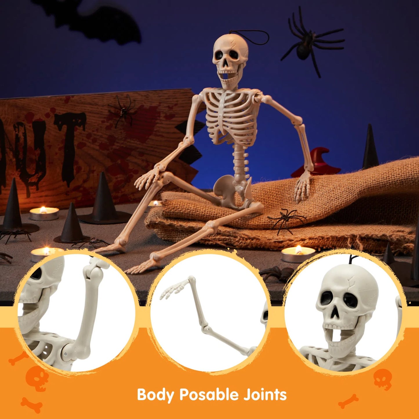SYNCFUN 1 Pcs Halloween Skeleton Decorations,16 Inch Full Body Poseable Skeleton with Movable Joints for Halloween Indoor Outdoor Party,Graveyard,Haunted House Accessories
