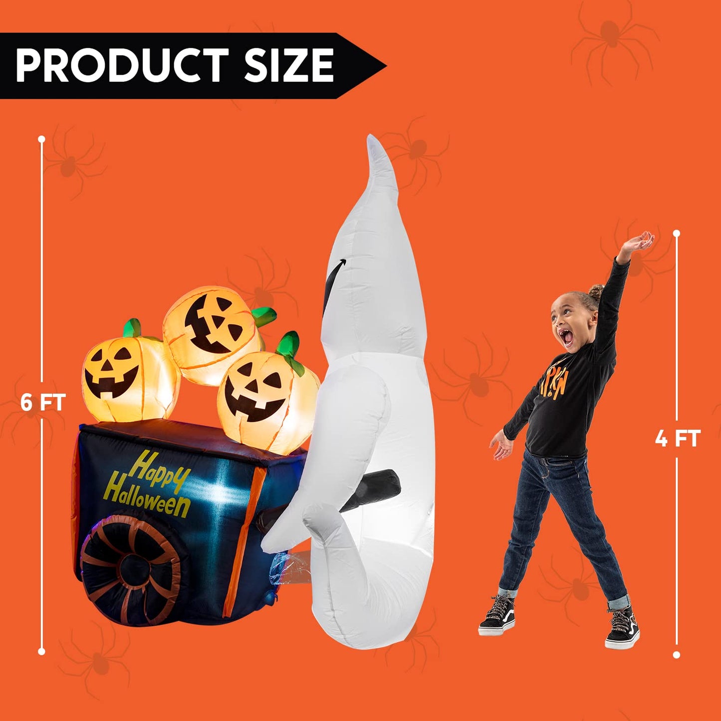 Syncfun 6 FT Halloween Inflatable Ghost Pushing Pumpkin Cart Decorations with Build-in LEDs,Outdoor Halloween Ghost Decorations Blow up Yard Decorations