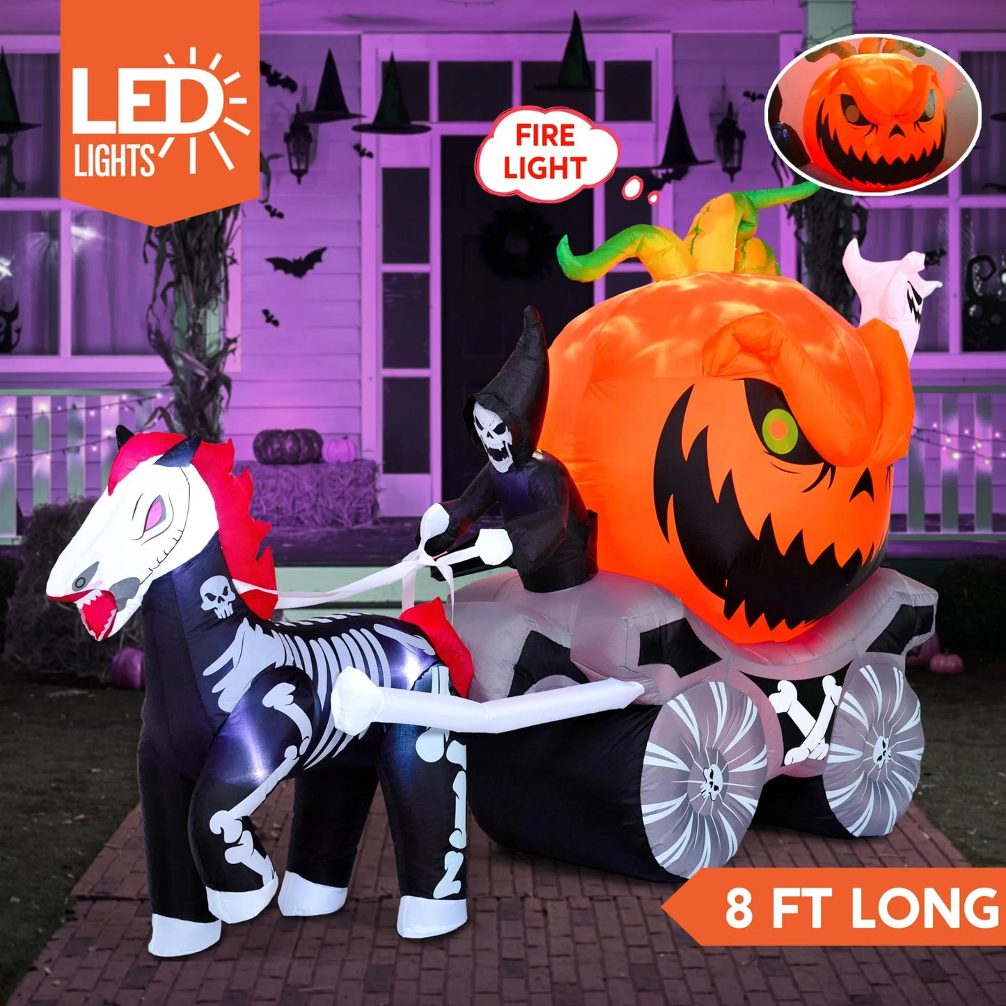 8 FT Halloween Inflatable Long Inflatable Grim Reaper Driving Pumpkin Carriage with Build-in Flaming LED Lights,Blow UP Outdoor Yard Decoration