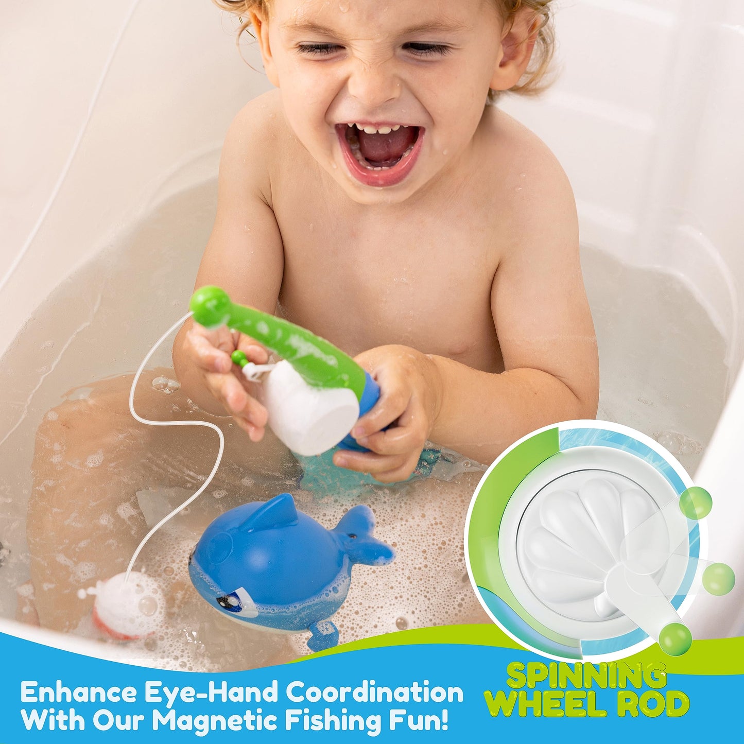 JOYIN Baby Bath Toy Set - Magnetic Fishing Toy with Fishing Rod, Wind-up Shark and Turtle, Mold-Free Soft Puffer & Clown Fish, Spinning Octopus and Starfish - Sensory Development for Infants & Toddler