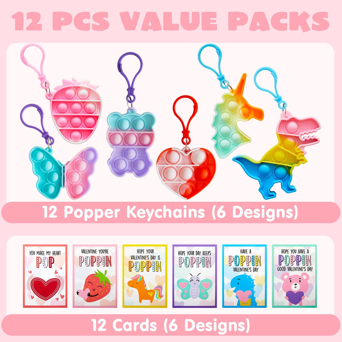 12 Packs Valentines Day Cards with pop Fidget Keychains Toys, Fidget Valentines Day Cards for Kids School Classroom Exchange Card Gifts