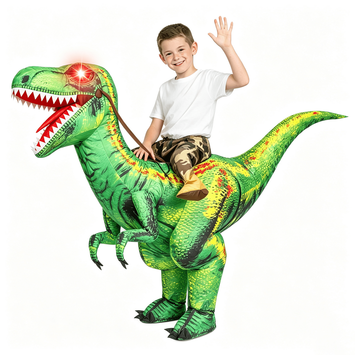 Joyfy Kids Inflatable Dinosaur Costume with LED Light Up Eyes, Blow Up Ride-On Green Raptor Costume for Halloween Party, Cosplay and Themed Dress Up
