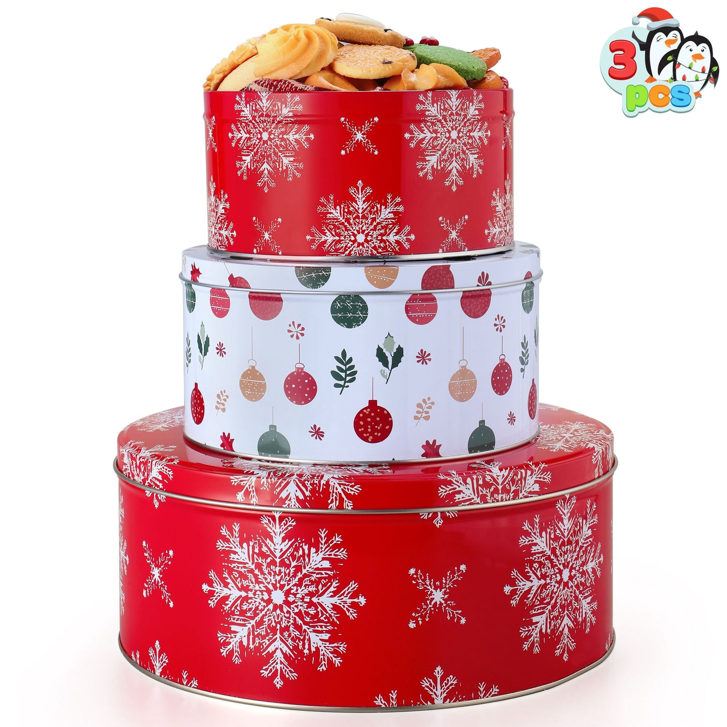 Joyfy 3 Pcs Christmas Cookie Tins with Lids for Gift Giving, Holiday Treat Metal Tins for Presents Wrapping, Assorted Size Xmas Bakery Boxes Party Food Dessert Containers