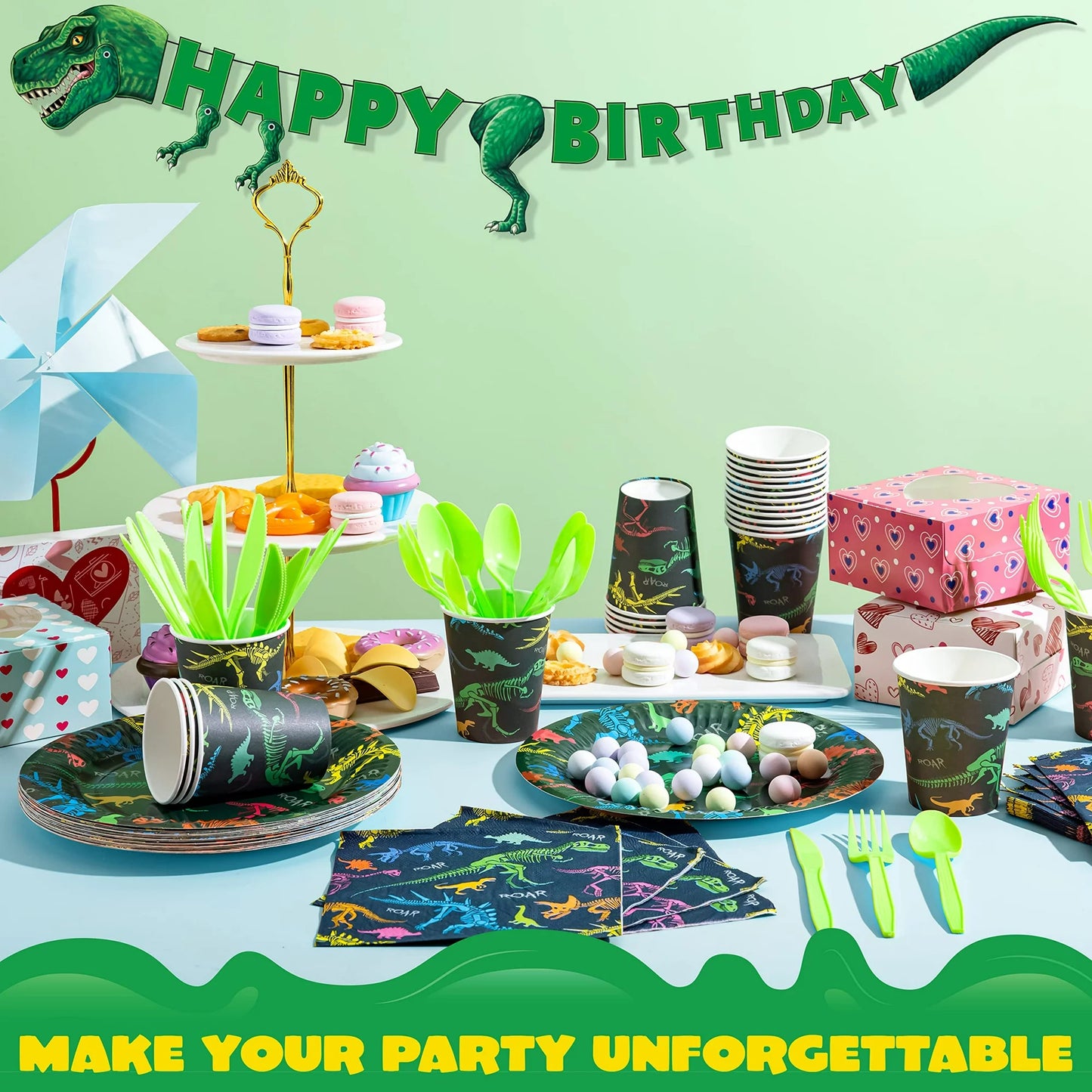 Syncfun 145 Pcs Dinosaur Birthday Party Supplies with Trex Banner, 24 Serves Disposable Tableware Set for Dinosaur Themes Party Kids 2 3 4 5 6 7 8 Years