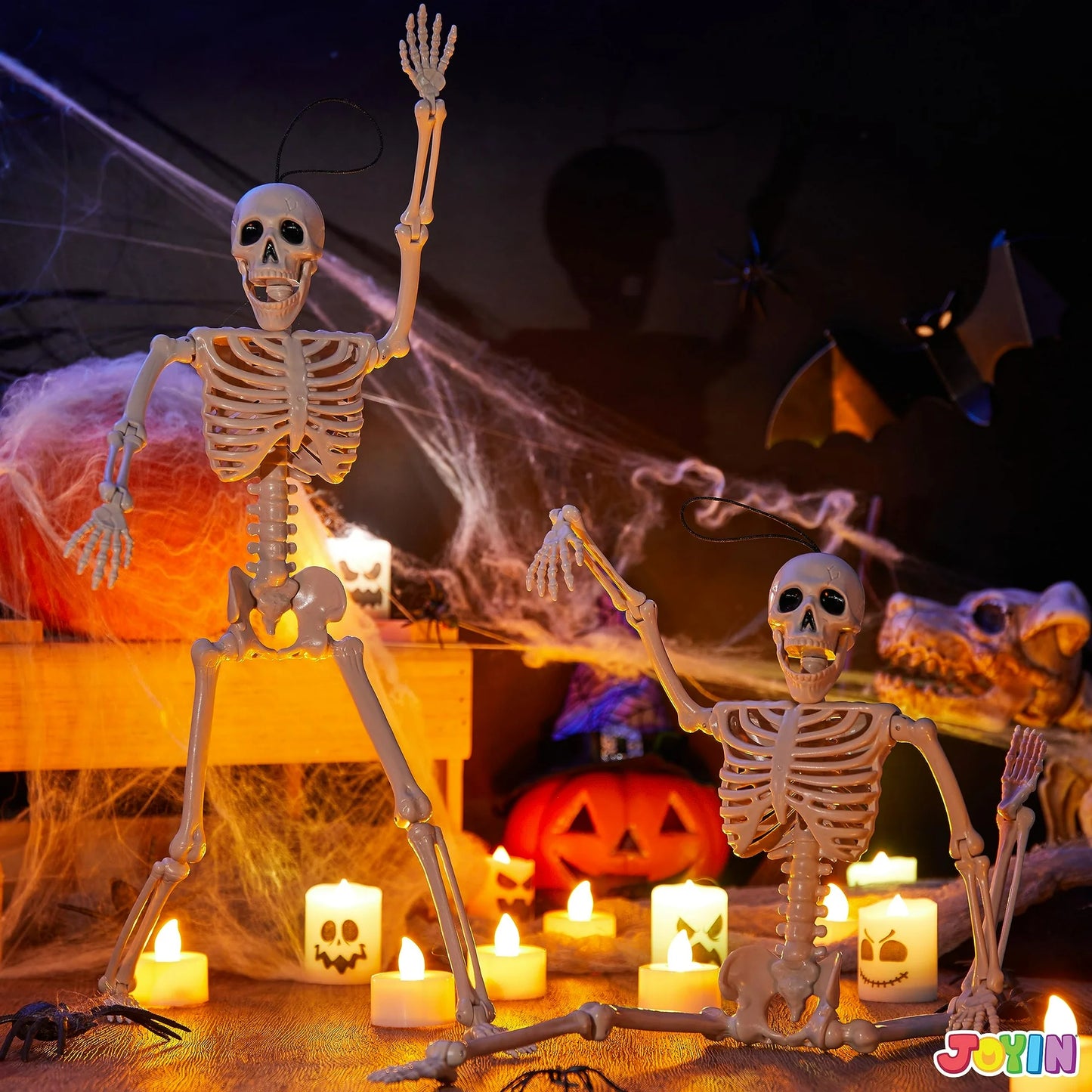 Joyfy 2 Pcs Halloween Skeleton Decorations,16 inch Poseable Skeleton with Movable Joints for Halloween Indoor Outdoor,Haunted House Accessories,White