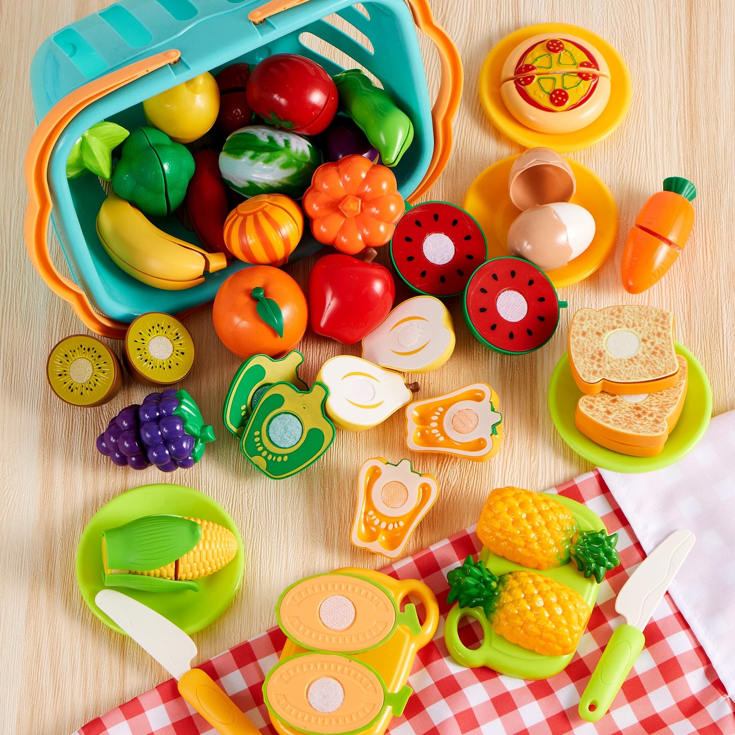 JOYIN 68 PCS Cutting Play Food Toy for Toddlers Kitchen, Fake Food for Kids Play Kitchen, Includes Plastic Fruit &Vegetables, Storage Basket, Mini Dishes and Knife, Pretend Play Toys, Toddler Gifts