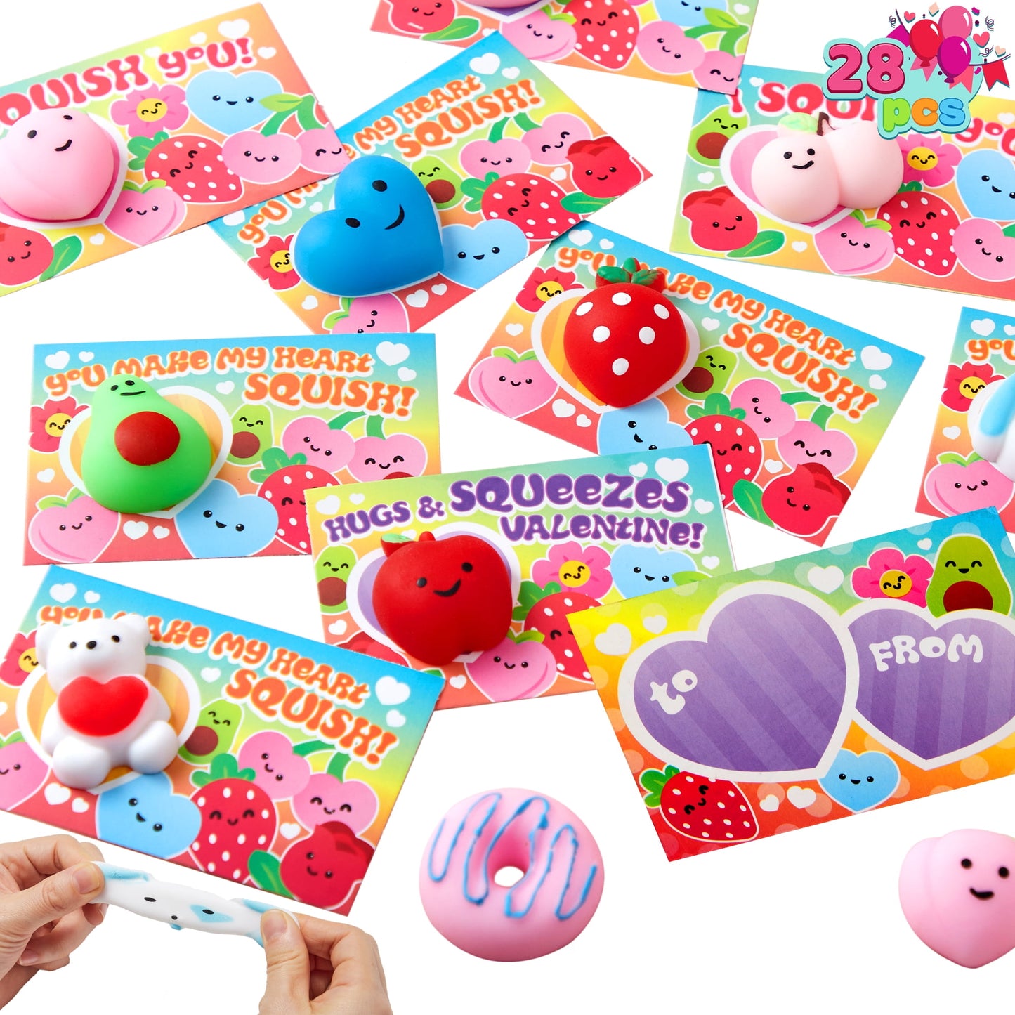28 Packs Valentines Day Gift Cards with Mochi Squishy Toys, Stress Relief Fidget Toys for Kids Valentine Classroom Favors