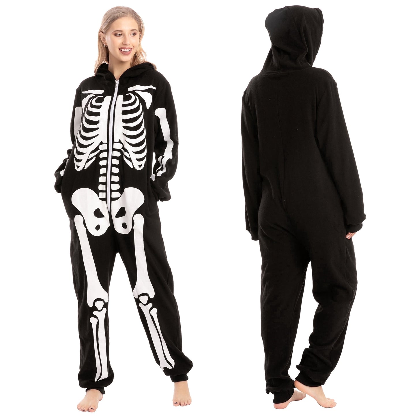 Joyfy Skeleton Costume for Adult Unisex, Zip Up Hooded Jumpsuit Pajama for Halloween Party, Cosplay and Themed Events