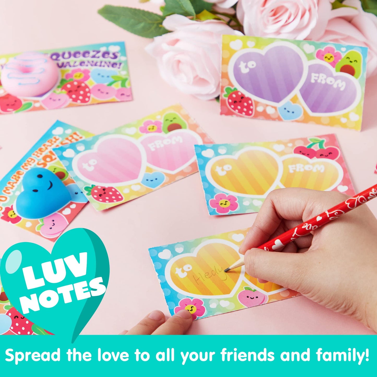 28 Packs Valentines Day Gift Cards with Mochi Squishy Toys, Stress Relief Fidget Toys for Kids Valentine Classroom Favors