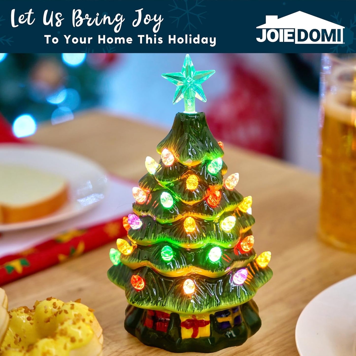 Joyfy 7 Inch Ceramic Christmas Trees with Multicolored LED Lights and Star Topper, Pre-Lit Hand-Painted Ceramic Tabletop Christmas Trees