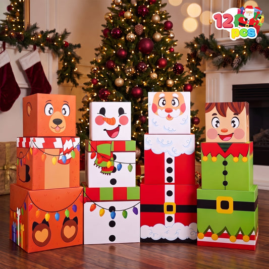 Joyfy 12 Pcs Christmas Snowman Stacking Boxes with Lids, 4 Design Large Decorative Stackable Boxes, Nesting Boxes, Xmas Stackable Gift Box for Christmas Holiday and Winter Decorations