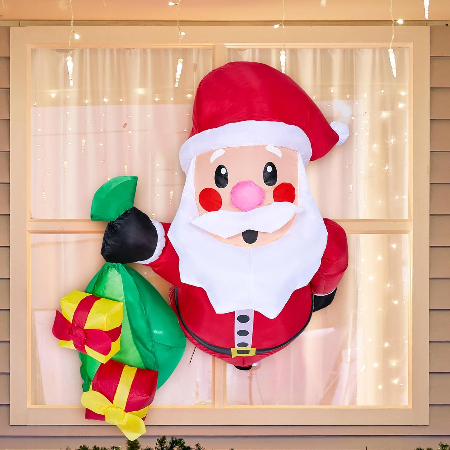 Syncfun 3.5 FT Christmas Inflatables Window Outdoor Decorations,Santa with Gift Bags Broke Out from Window Blow Ups Yard with Built-in LEDs for Holiday Party Garden Lawn Decor
