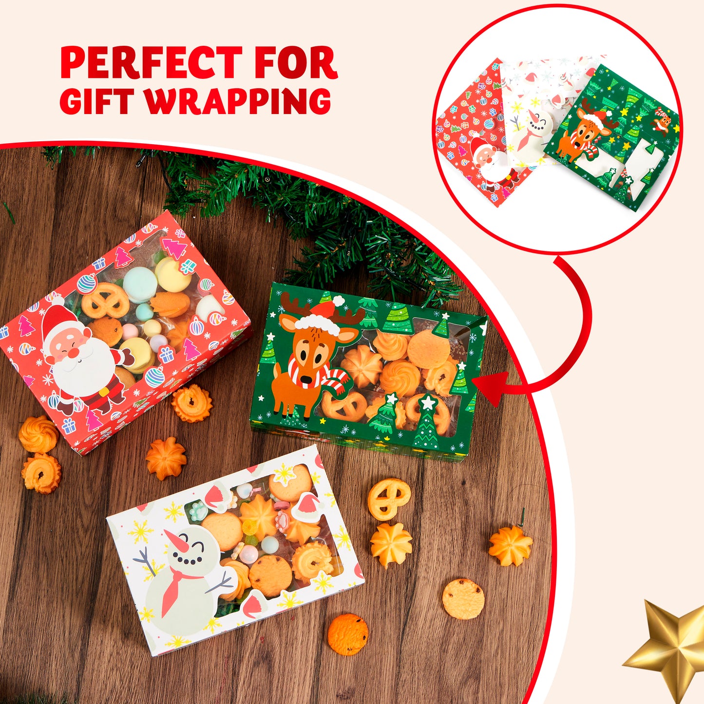SYNCFUN 24 Pcs Christmas Foil Treats Cookie Gift Box 8.75" x 5.75" x 2.75" Colorful Pattern with Window for Pastries, Cupcakes, Cookies, Brownies, Donuts Gift Giving