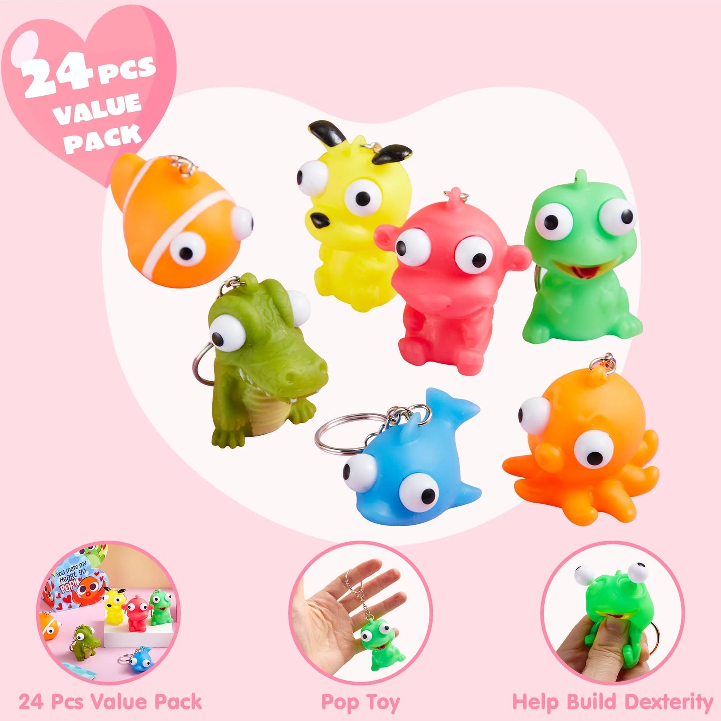 48pcs (24 Valentines Cards with 24 Pop Eye Animal Keychains) for Kids, Valentines Gifts with Heart Boxes, Fidget Valentines Toys for Kids School Class Exchange, Stress Relief Toys