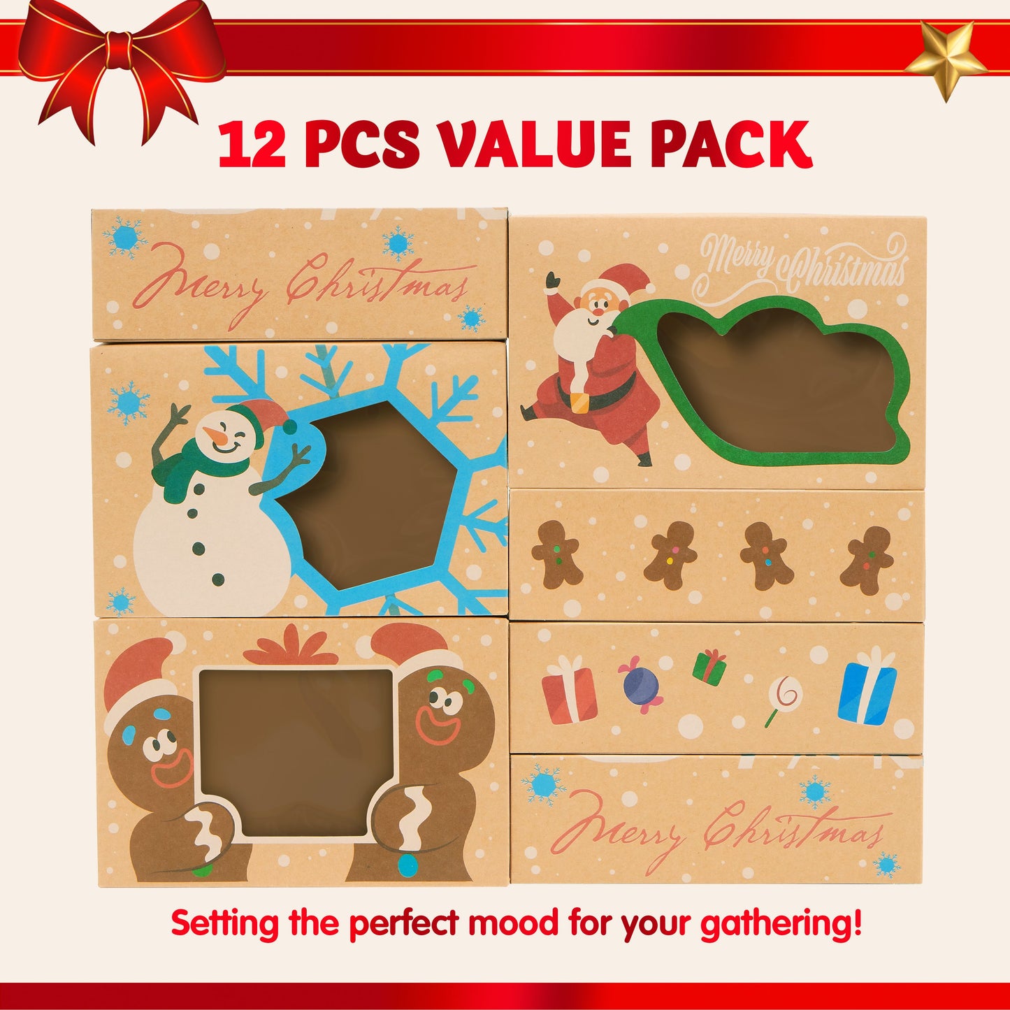 SYNCFUN 12 Pcs Christmas Cookie Boxes Bakery Treat Gift Box with Window 8.75" x 5.75" x 2.75" for Pastries, Cupcakes, Cookies, Brownies, Donuts Gift Giving