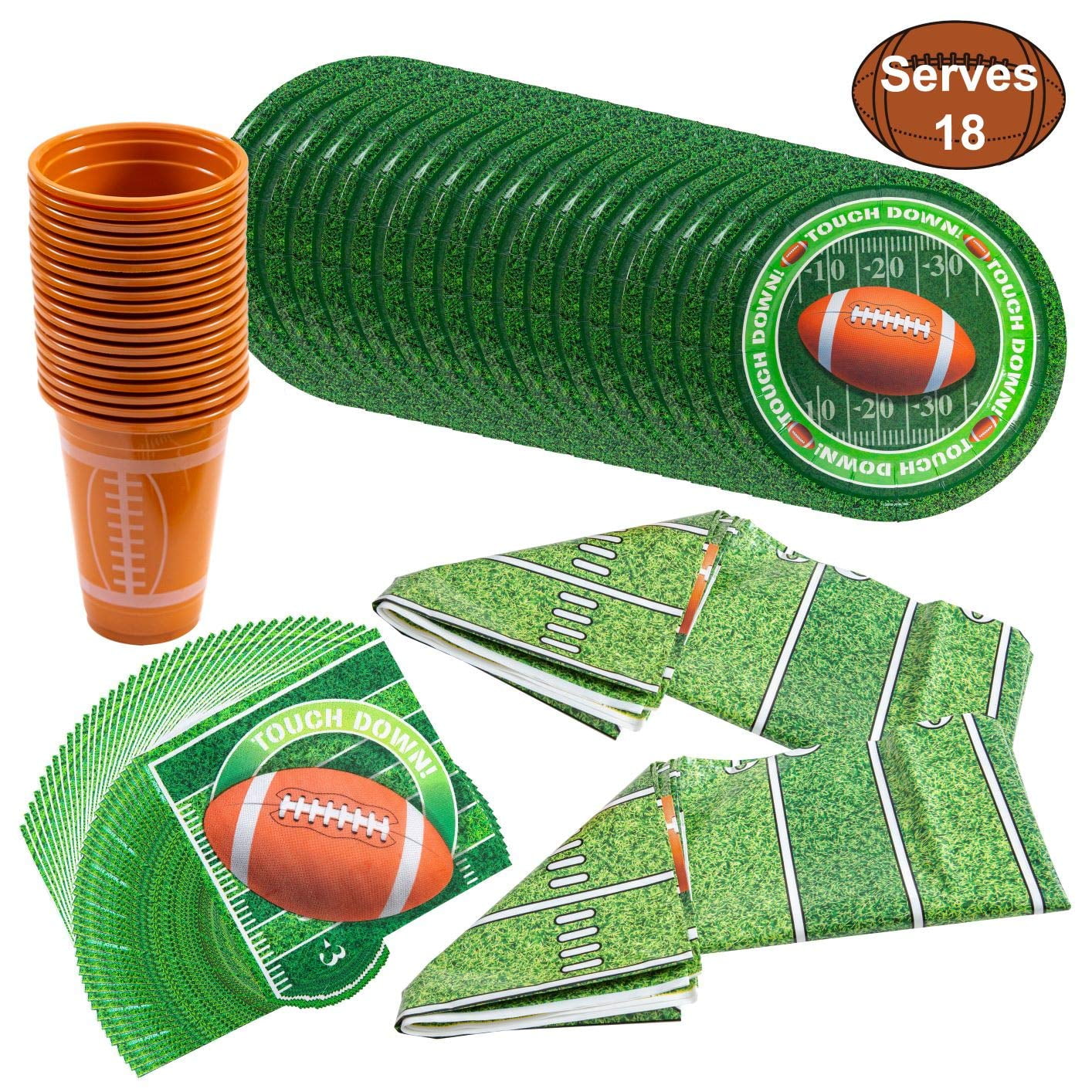 74 football match day party supplies packages -18 football themed cups, 18 plates, 36 napkins,