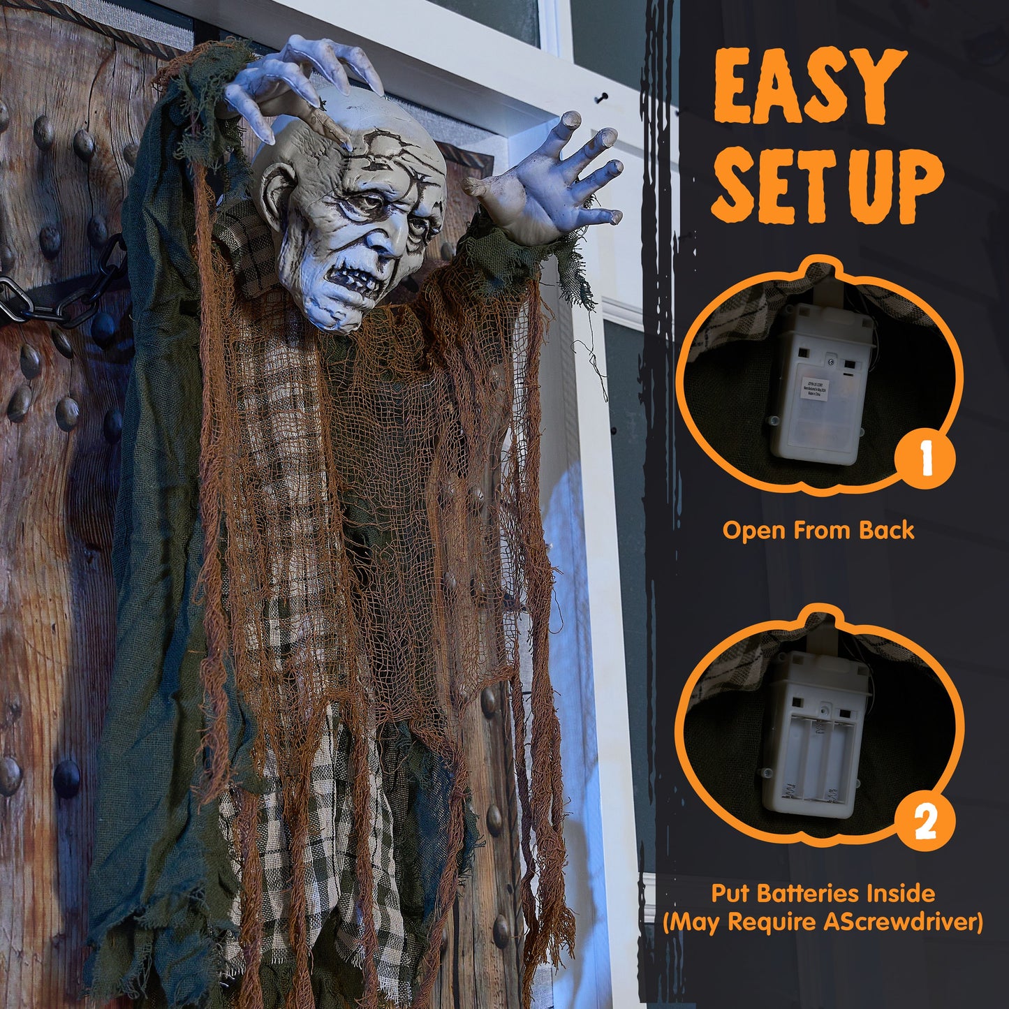 Syncfun 30 Inch Halloween Hanging Animatronic Zombie Ghost,Light Up Red Eye Zombie with Creepy Sound Activated Door Decorations for Halloween Hanging Decorations Indoor Outdoor