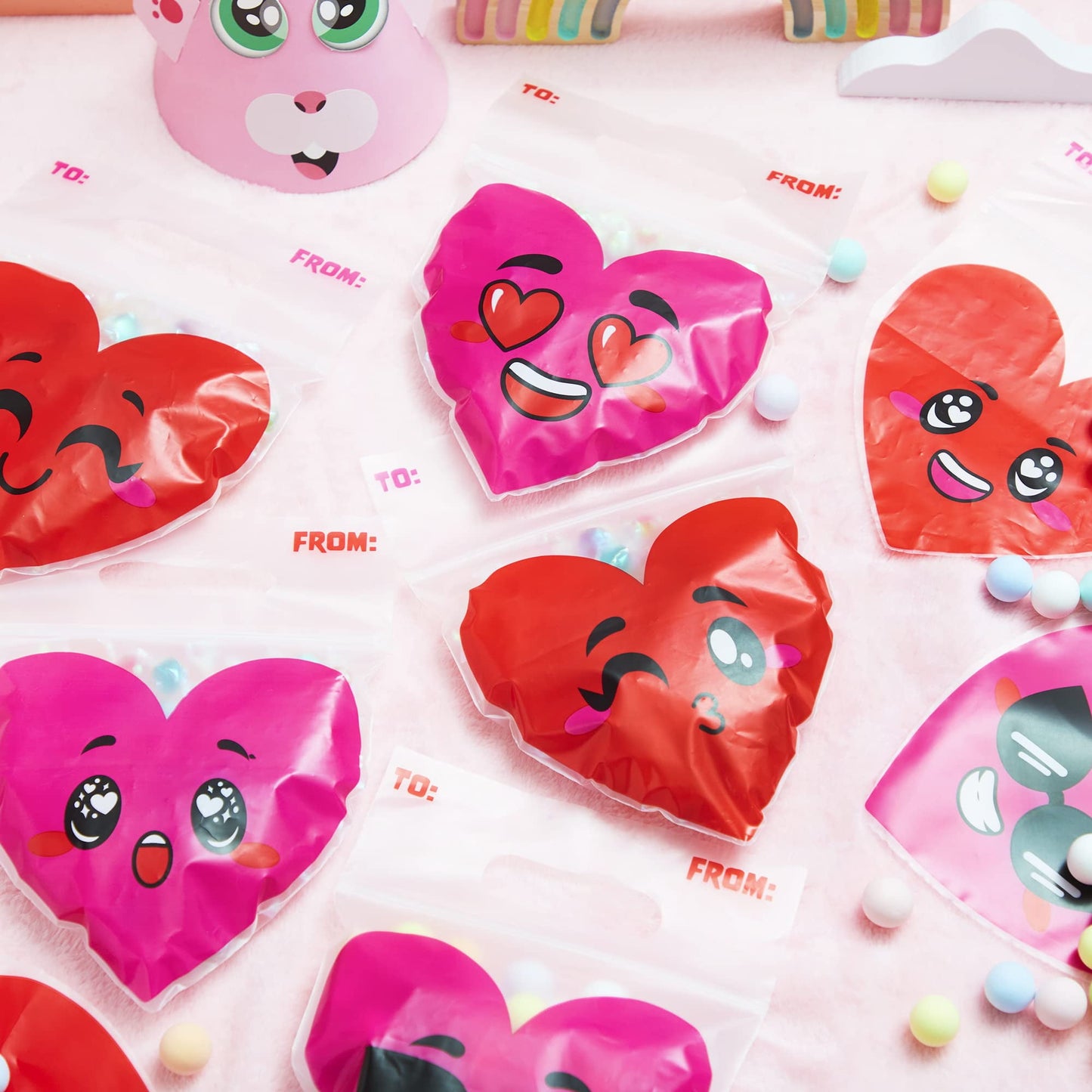 48 Pcs Valentine’s Day Cellophane Gift Bag, Candy Treat Bags with Red Pink Heart Designs for Kids Party Favor Supplies, Classroom Gift Exchange Prizes, Valentine’s Goodie Bags