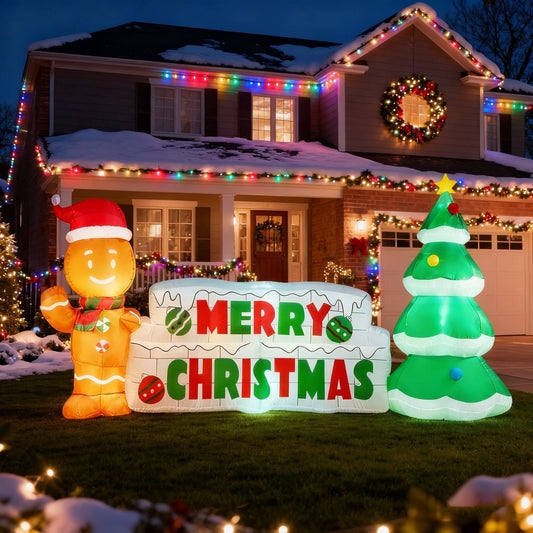 Joyfy 10 Ft Long Christmas Inflatables Gingerbread Man & Christmas Tree Outdoor Decorations,Christmas Blow Ups Yard with Built-in LEDs for Holiday Party Garden Lawn Decor