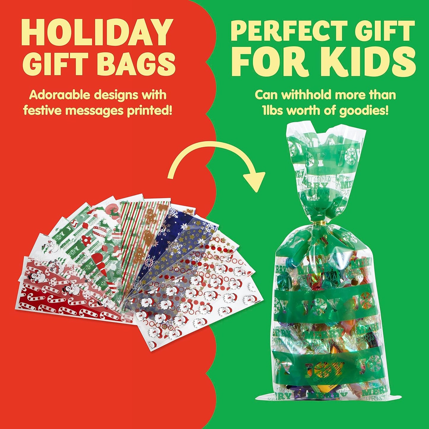 Joyfy 144 Pcs Christmas Cellophane Bags with Ribbon Candy Cookie Bags for Holiday Treats, Christmas Party Favors Supplies, Christmas Clear Cello Gift Bags, Xmas Goodie Bags