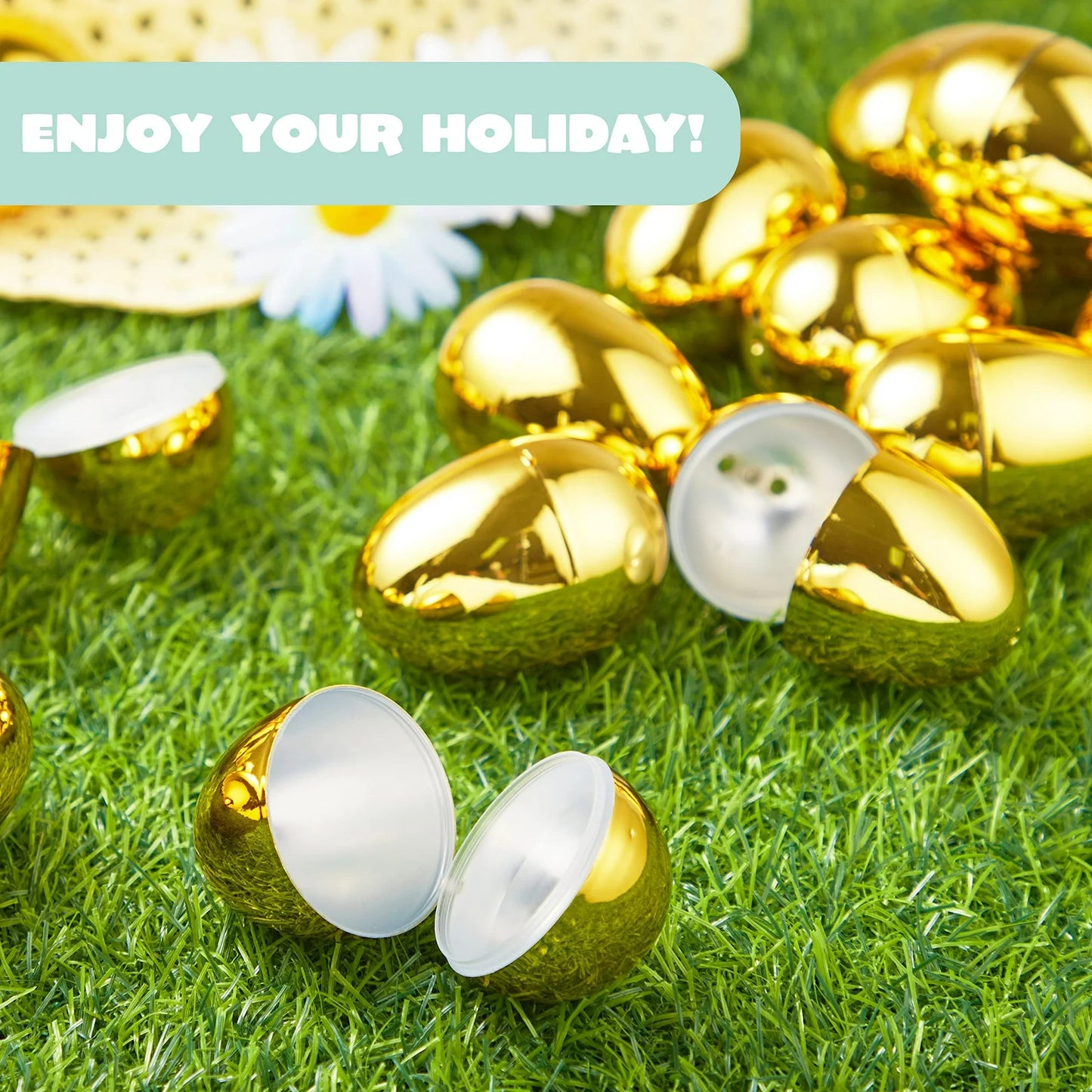 JOYFY 36 PCS Gold Easter Eggs 2.3" Metallic Plastic Empty Eggs Fillable for Easter Hunt, Filling Treats, Party Favor, Basket Stuffers, Classroom Prize Supplies