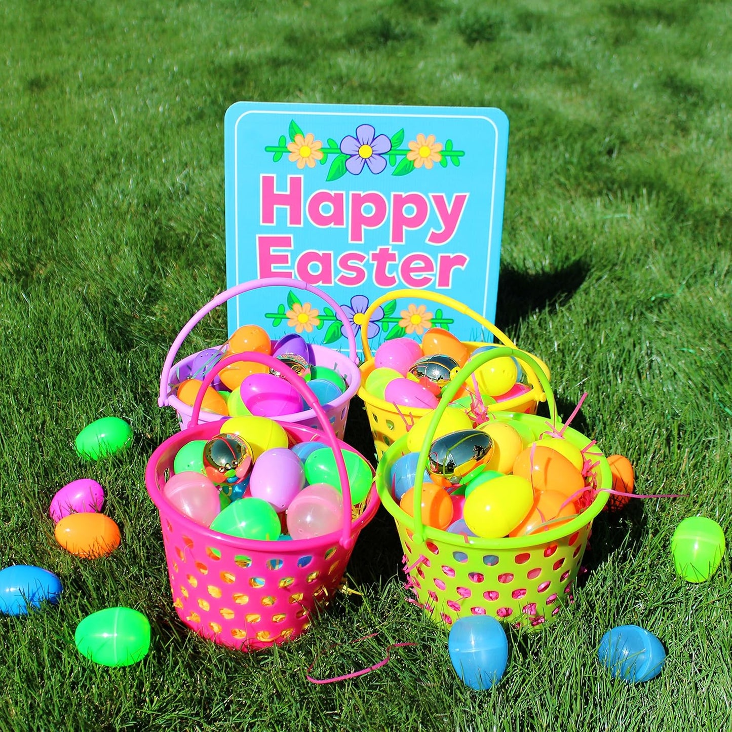 Joyfy 6 pcs 8" Easter Egg Baskets for Kids with Handle and 55g Tricolors Easter Grass for Party Favors Basket Fillers Stuffers, Easter Eggs Hunt