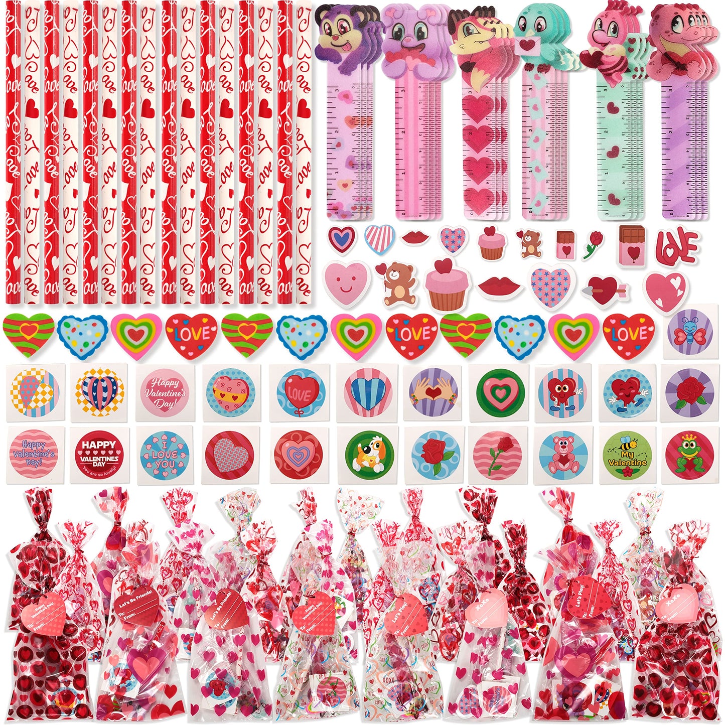 28 Pack Valentines Day Stationery Gifts for Kids Goody Bags with Stationery Gift Set for School Classmates Exchange Gift, Valentine Party Favor, Includes Pencils, Erasers, Rulers, Stickers