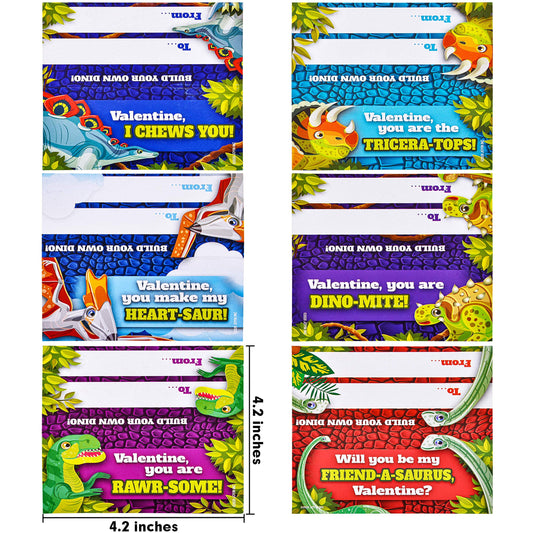 24 Packs Valentines Day Cards with Dinosaur Building Blocks for Valentine Party Favor, Classroom Exchange Prize, Valentine’s Greeting Cards
