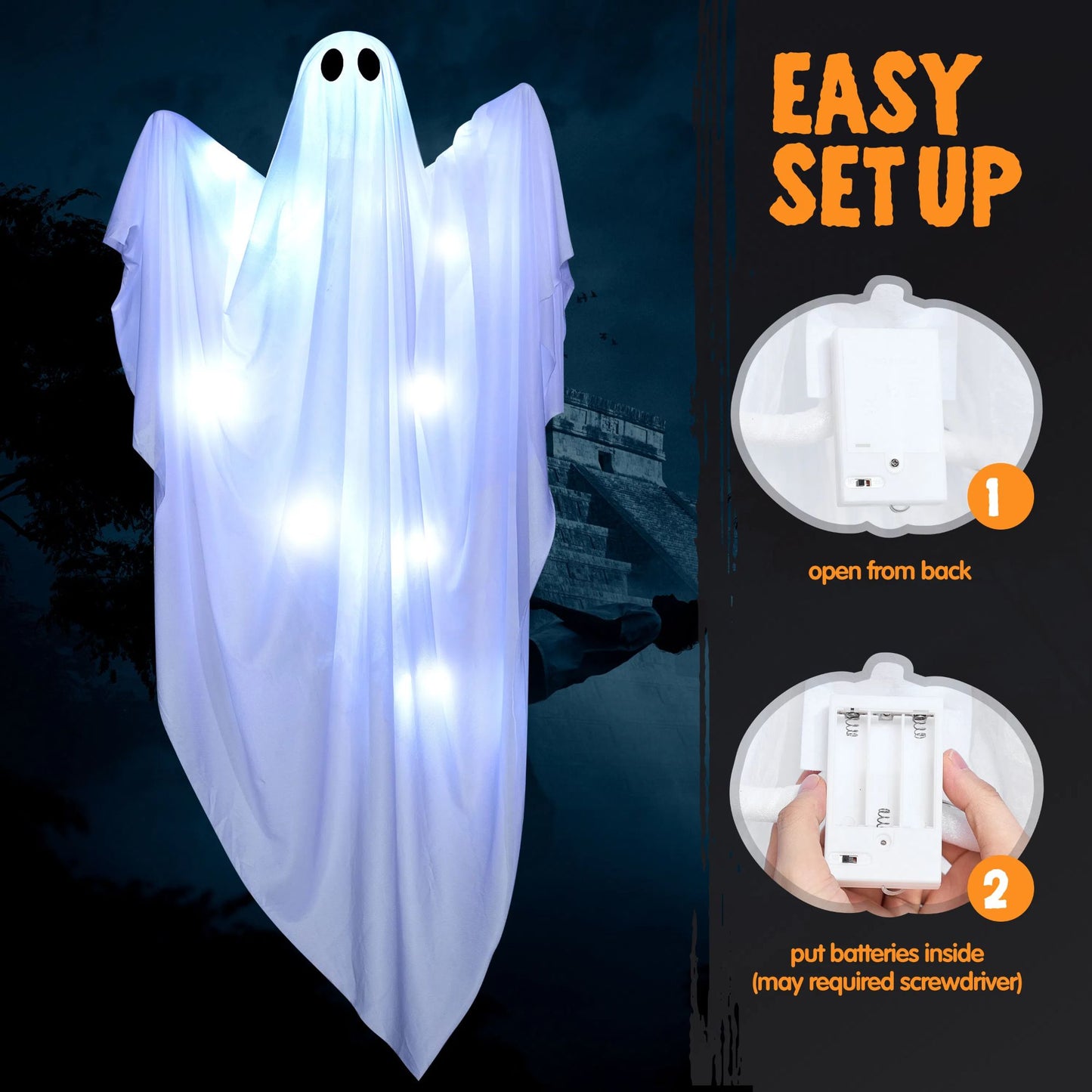 Joyfy 47 Inch Hanging Ghosts Halloween Decor,Halloween Light up White Ghosts with Spooky White LED Light,Halloween Outdoor Yard Porch Decorations,Haunted House Decorations