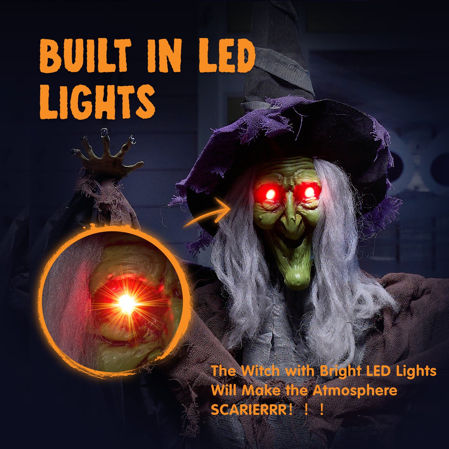 Syncfun 59 Inch Animated Halloween Witch Decoration,Outdoor Light Up Talking Witch Halloween Hanging Witch with Skeleton Wand Decoration for Halloween Outdoor Decor