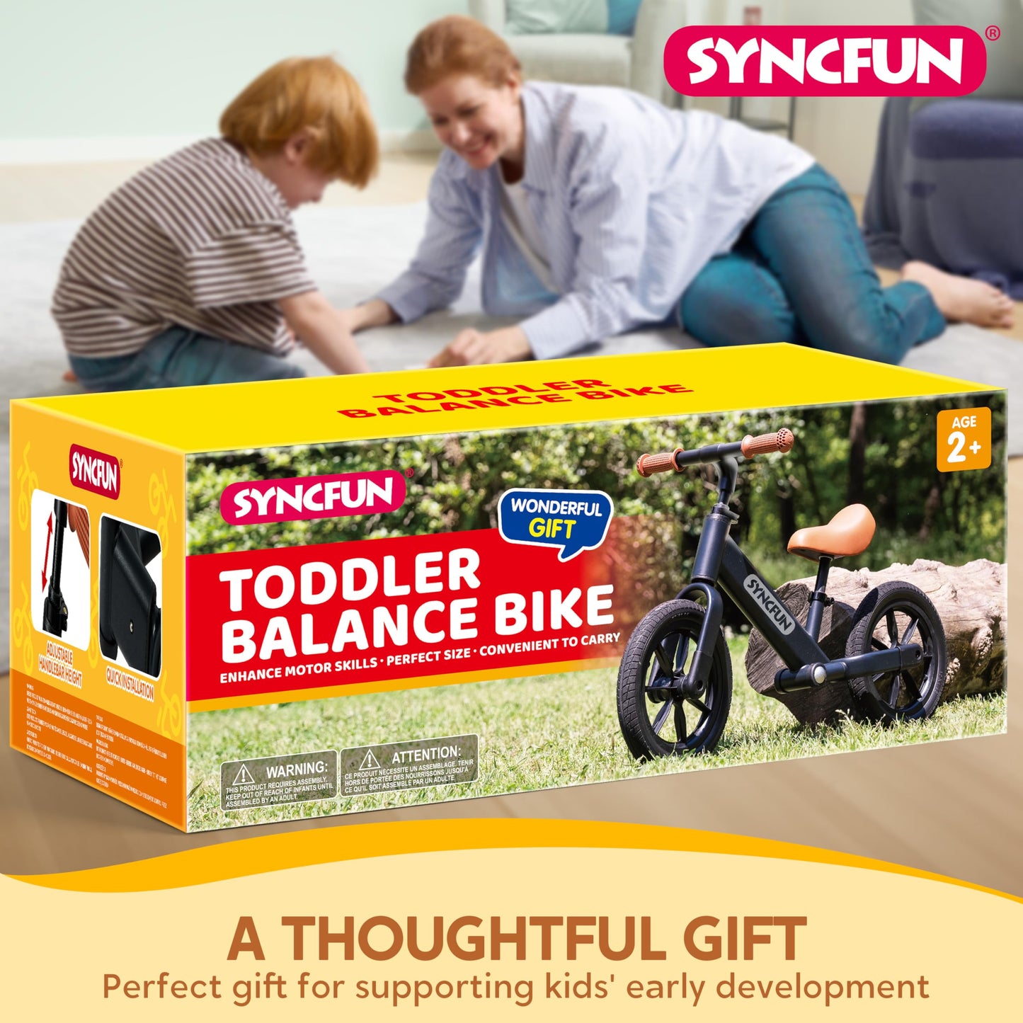 SYNCFUN Toddler Balance Bike, Easy Assemble, Adjustable Seat and Carry Handle, Anti-Skid Tires, Toddler Bike for 2, 3, 4, 5 Year Old Boys and Girls, Gift Bike for 2-5 Boys Girls (Black)