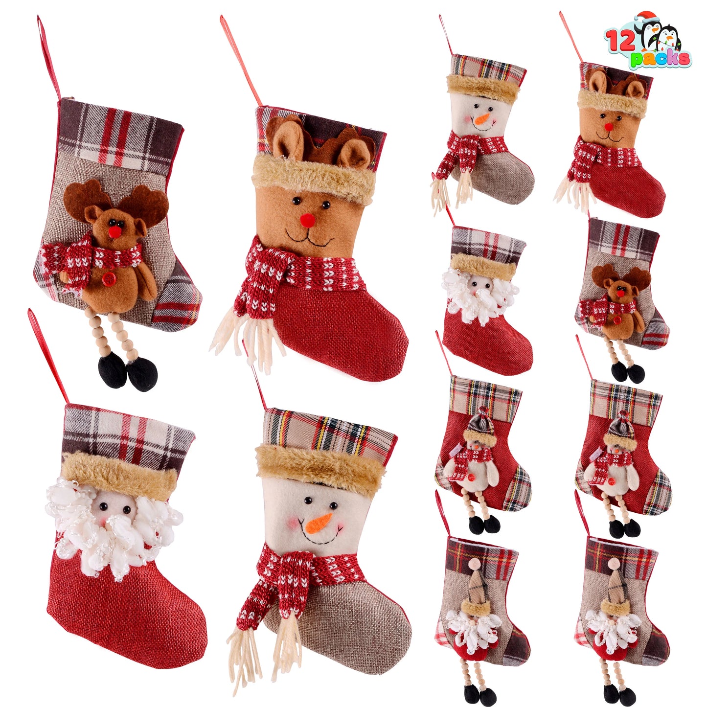 Joyfy 12pcs Mini Christmas Stockings 3D Bulk Christmas Stockings Santa Snowman Reindeer Burlap Stockings for Christmas Tree Decorations, Gift Bags, Christmas Party Decorations