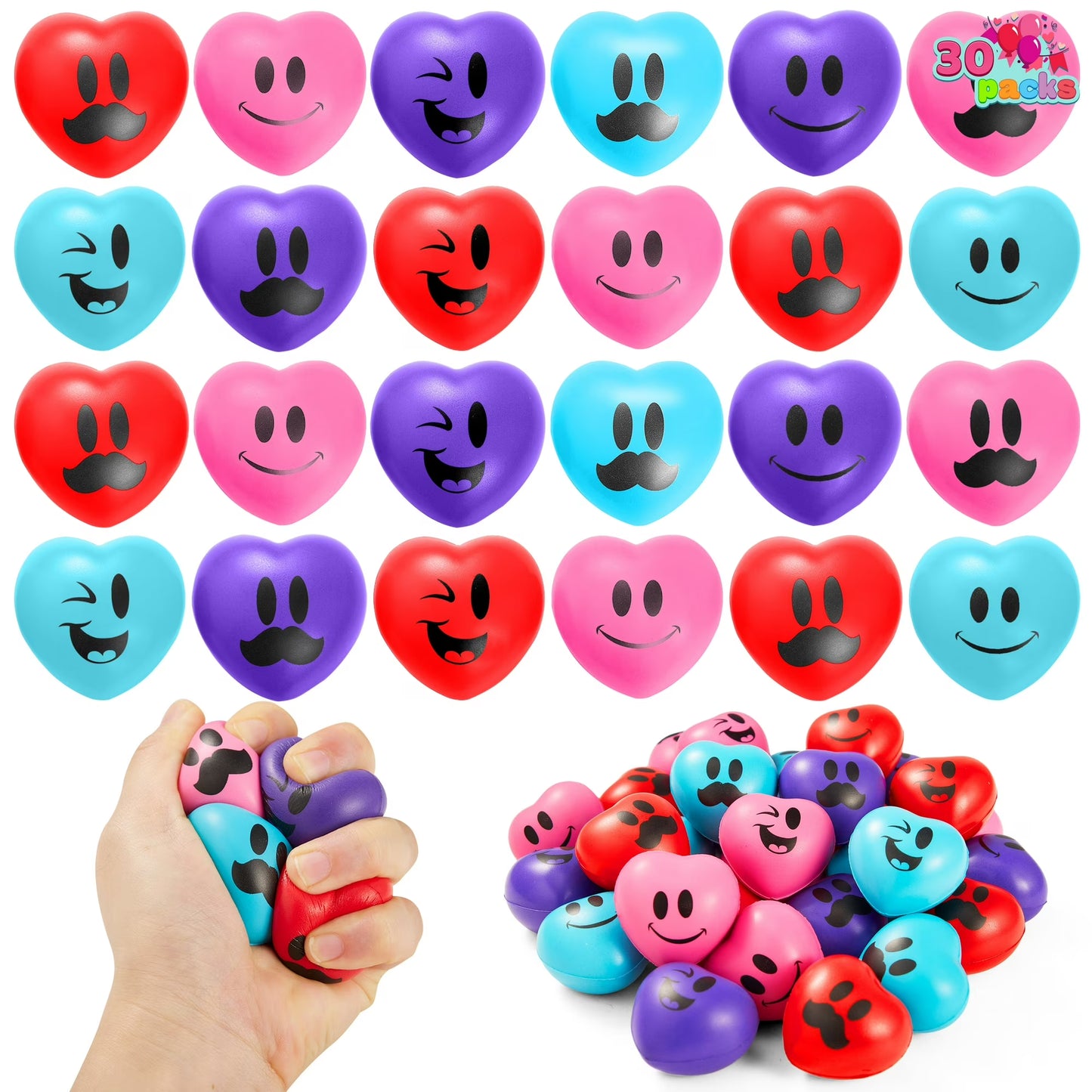 Joyfy 30 Pcs Valentines Day Heart Shaped Squishy Toy Ball,3 Heart Stress Ball for Classroom Exchange Gift,Party Favors for Kids,Fun Holiday Reward Prizes