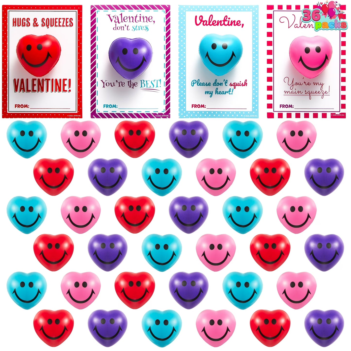 Joyfy 36 Packs Valentines Day Cards with Heart Shaped Stress Ball for Kids, Stress Relief Smile Squishy Toy Ball Fidget Toys for Valentine Kids School Class Exchange Party Favors