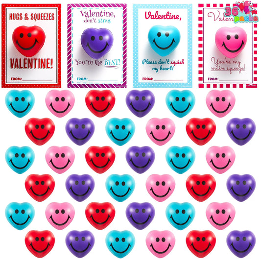 Joyfy 36 Packs Valentines Day Cards with Heart Shaped Stress Ball for Kids, Stress Relief Smile Squishy Toy Ball Fidget Toys for Valentine Kids School Class Exchange Party Favors