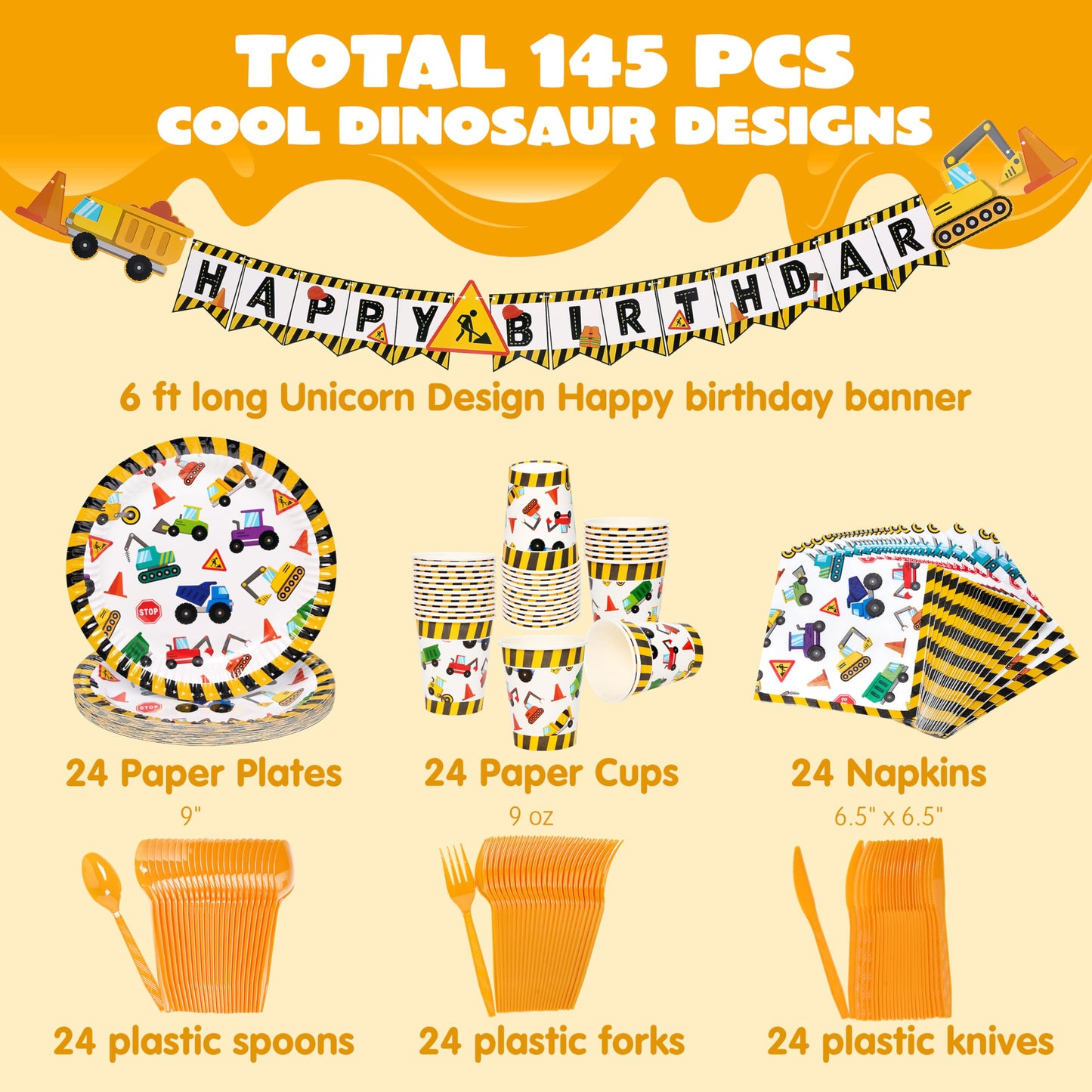 JOYIN 145 Pcs Construction Birthday Party Supplies with Banner, 24 Serves Tractor Truck Tableware Set with Plates, Cups, Napkins, and Cutlery Sets for Construction Themes Party Kids 6 7 8 Years