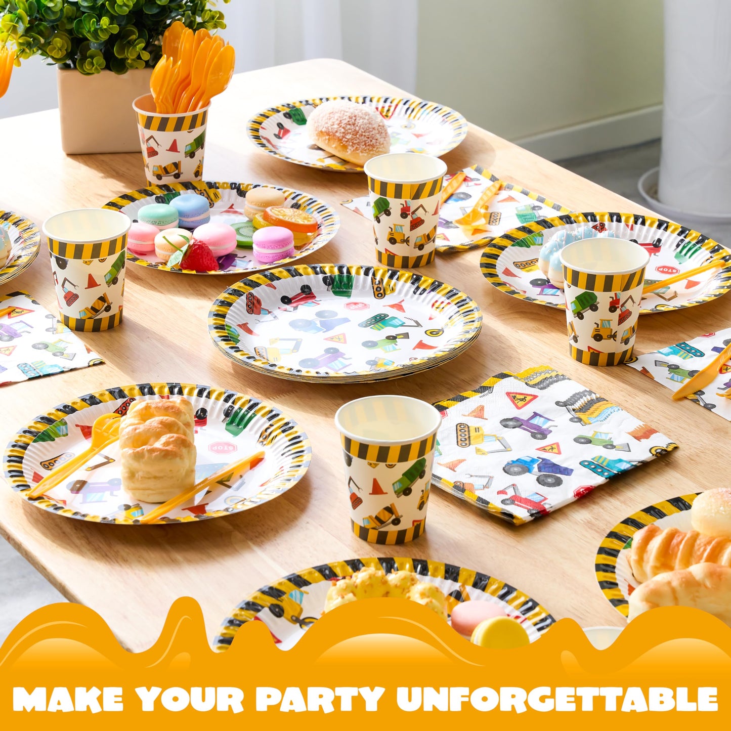 JOYIN 145 Pcs Construction Birthday Party Supplies with Banner, 24 Serves Tractor Truck Tableware Set with Plates, Cups, Napkins, and Cutlery Sets for Construction Themes Party Kids 6 7 8 Years