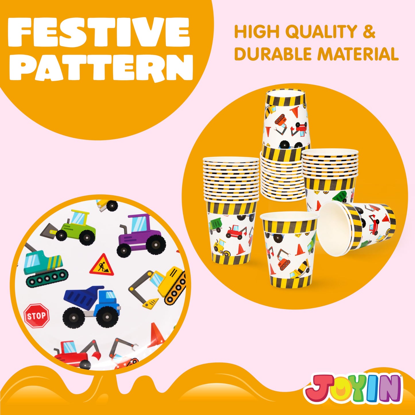 JOYIN 145 Pcs Construction Birthday Party Supplies with Banner, 24 Serves Tractor Truck Tableware Set with Plates, Cups, Napkins, and Cutlery Sets for Construction Themes Party Kids 6 7 8 Years