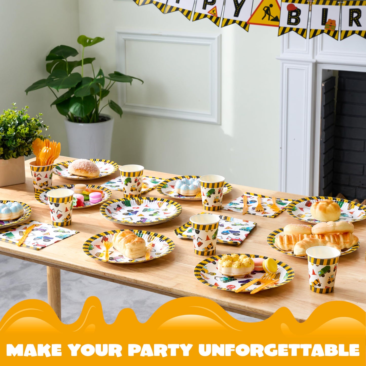 JOYIN 145 Pcs Construction Birthday Party Supplies with Banner, 24 Serves Tractor Truck Tableware Set with Plates, Cups, Napkins, and Cutlery Sets for Construction Themes Party Kids 6 7 8 Years