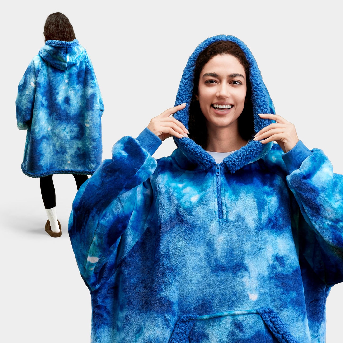 Giggling Getup Wearable Blanket Hoodie for Women Men - Oversized Flannel Sherpa Fleece Sweatshirt Blanket - with Giant Pocket & Sleeves - Cozy Warm Blanket Birthday Gifts for Adults Dark Blue Tie Dye