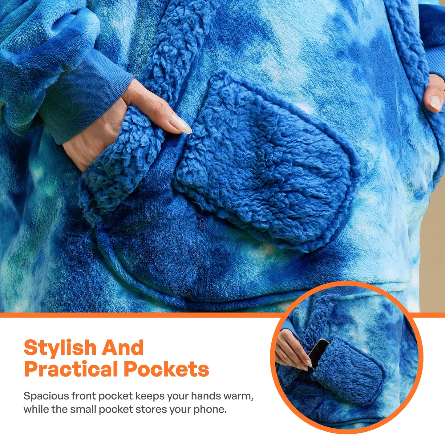 Giggling Getup Wearable Blanket Hoodie for Women Men - Oversized Flannel Sherpa Fleece Sweatshirt Blanket - with Giant Pocket & Sleeves - Cozy Warm Blanket Birthday Gifts for Adults Dark Blue Tie Dye