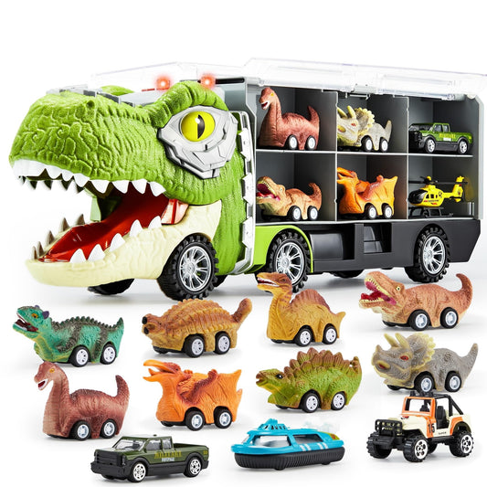 SYNCFUN 13 in 1 Dinosaur Toys, Dinosaur Truck with 12 Pull Back Cars, Dinosaur Cars Set, Birthday Gifts Toys for 3 4 5+ Year Old Boy, Transport Carrier Truck for Toddlers 2-4 Years