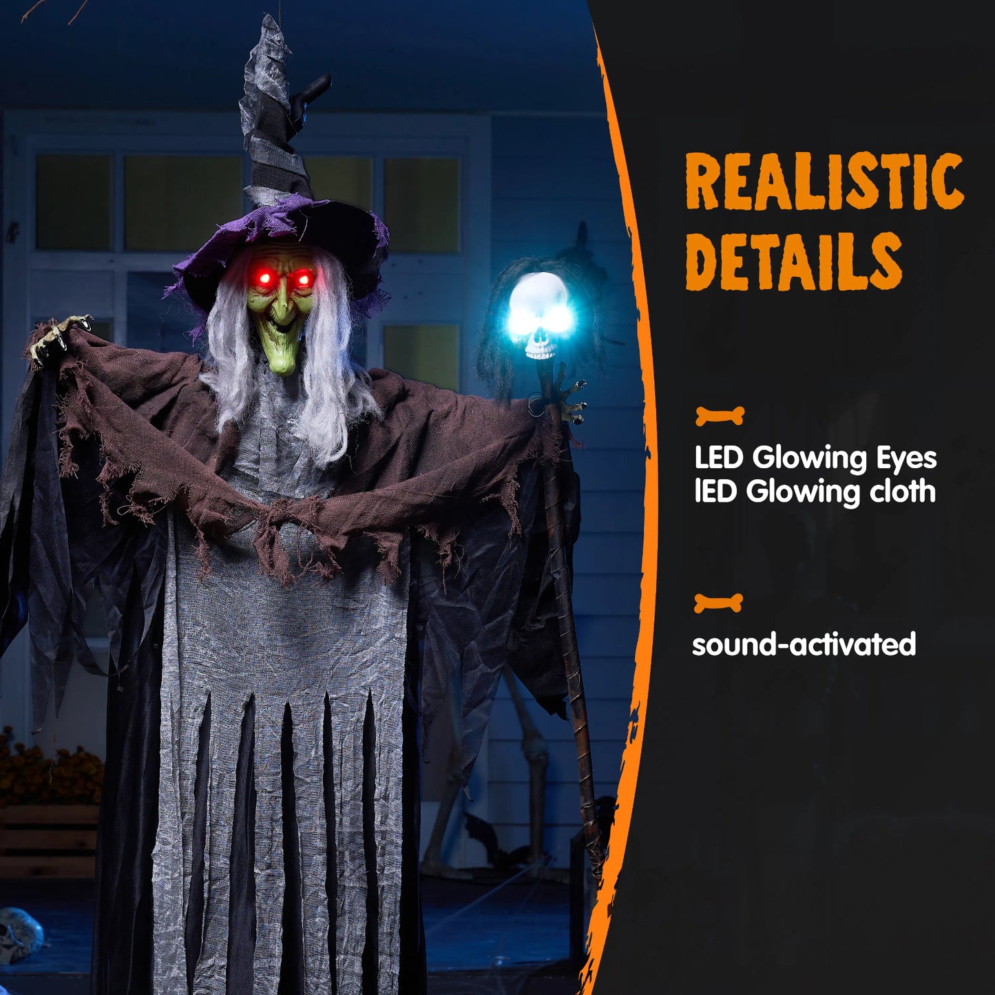 Syncfun 59 Inch Animated Halloween Witch Decoration,Outdoor Light Up Talking Witch Halloween Hanging Witch with Skeleton Wand Decoration for Halloween Outdoor Decor