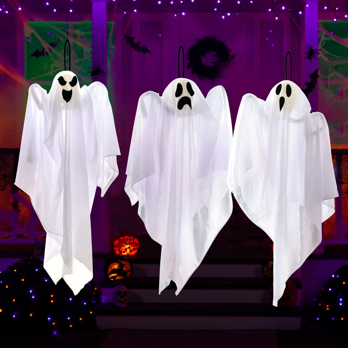 Joyfy 3 Pcs Halloween Hanging Ghosts Decorations,27.5" Cute Flying Ghosts Outdoor Hanging Halloween Decorations Yard Decorations