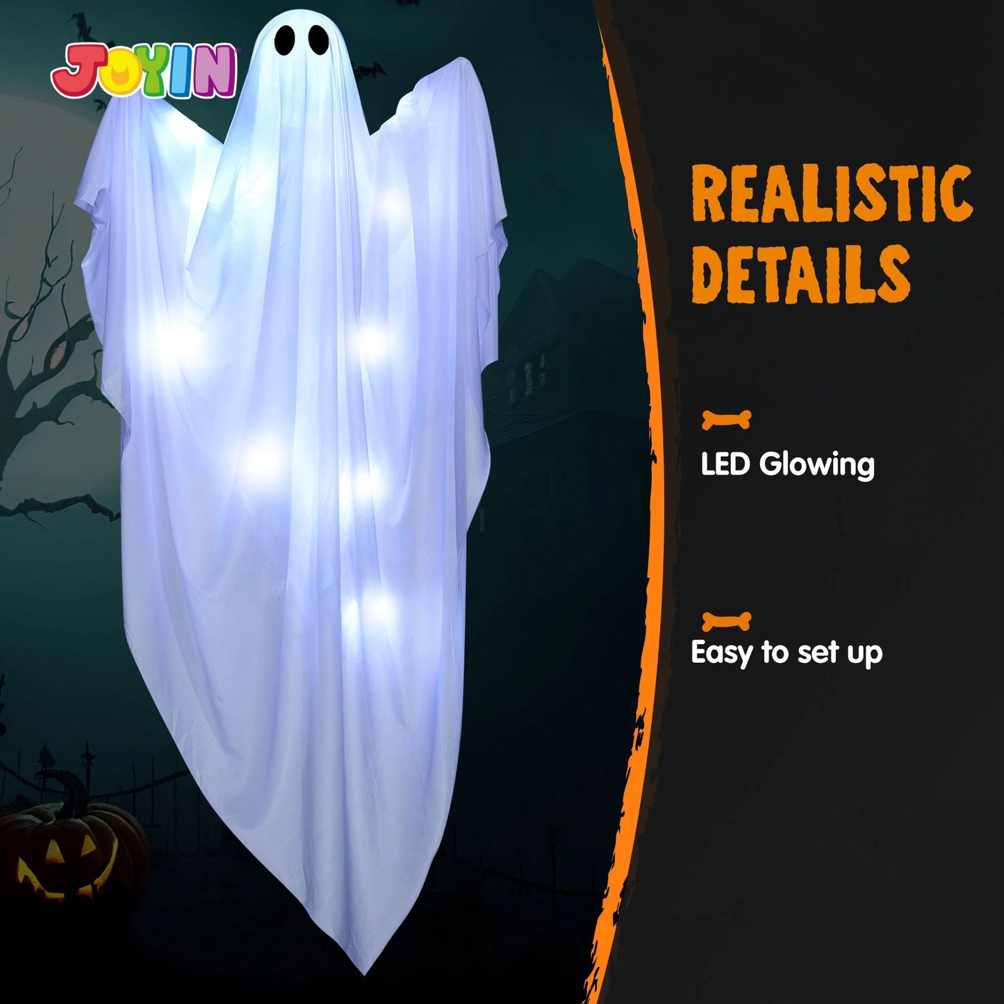 Joyfy 47 Inch Hanging Ghosts Halloween Decor,Halloween Light up White Ghosts with Spooky White LED Light,Halloween Outdoor Yard Porch Decorations,Haunted House Decorations