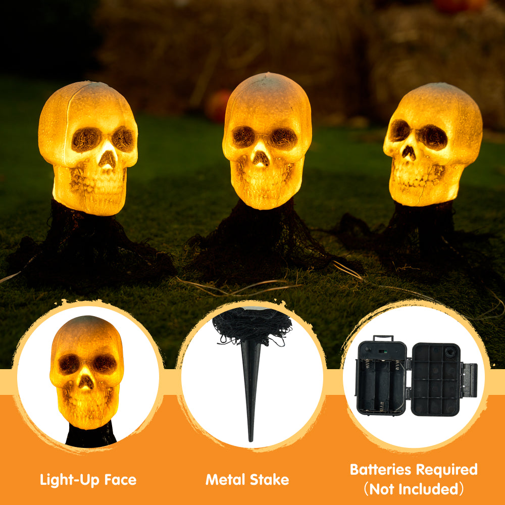 Joyfy 3 Pack Halloween Light up Skeleton Outdoor Decorations,Halloween Graveyard Spooky Skull Stakes Pathway Lights for Halloween Yard Decor